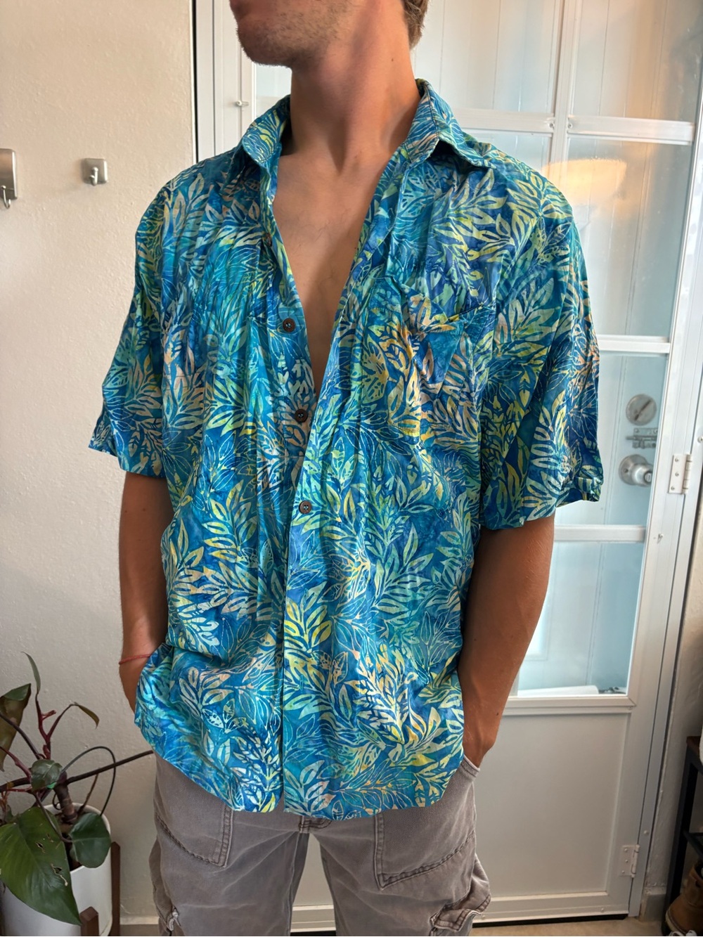 Men's Ron Jon Tropical Print Button Up Beachy Dress Shirt Blue Green surf style
